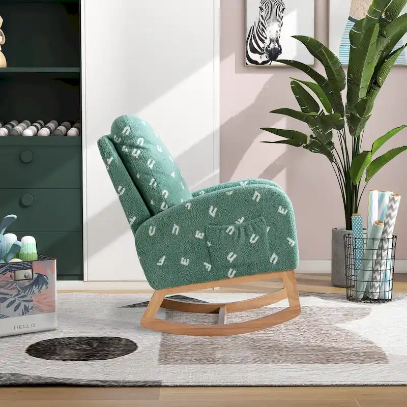 Fauteuil à bascule haut dossier rembourré vert 26,8 avec pochette latérale