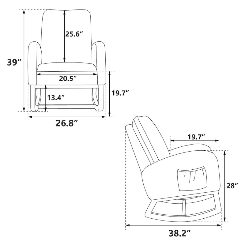 Fauteuil à bascule haut dossier rembourré vert 26,8 avec pochette latérale