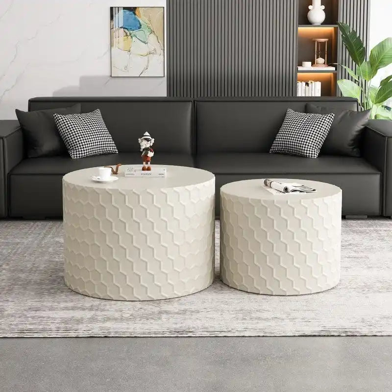 Ensemble de tables basses gigognes élégant et minimaliste avec motif nid d'abeille, table basse ronde moderne, table basse circulaire style tambour