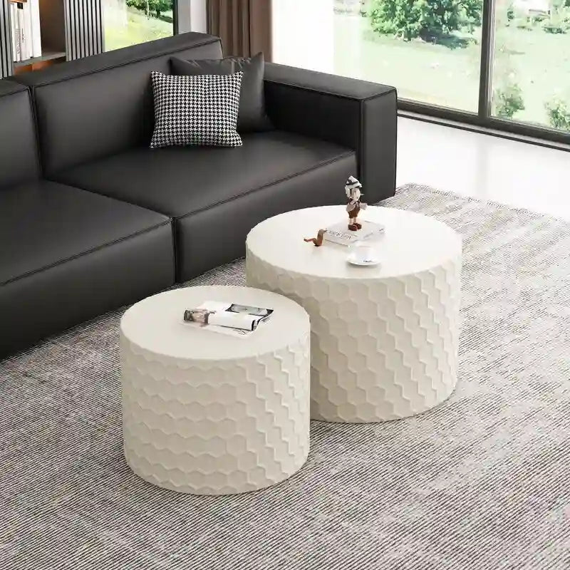 Ensemble de tables basses gigognes élégant et minimaliste avec motif nid d'abeille, table basse ronde moderne, table basse circulaire style tambour