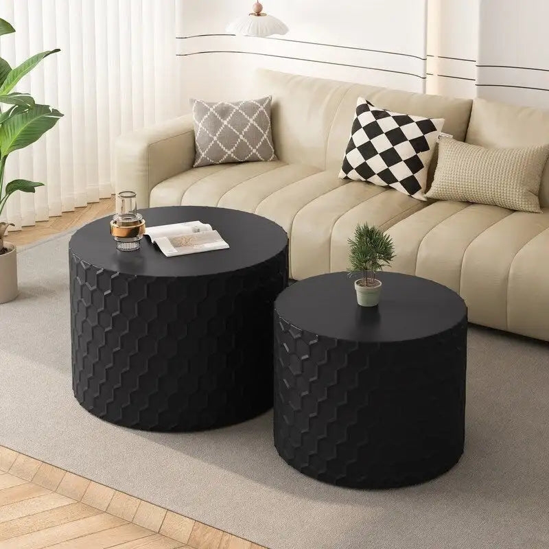 Ensemble de tables basses gigognes élégant et minimaliste avec motif nid d'abeille, table basse ronde moderne, table basse circulaire style tambour