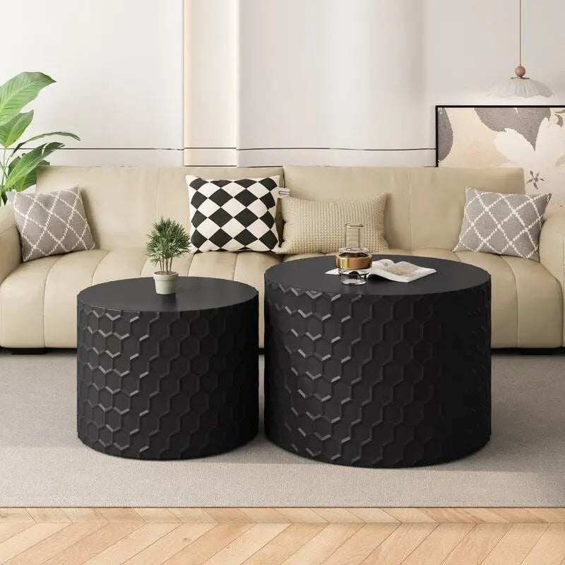 Ensemble de tables basses gigognes élégant et minimaliste avec motif nid d'abeille, table basse ronde moderne, table basse circulaire style tambour