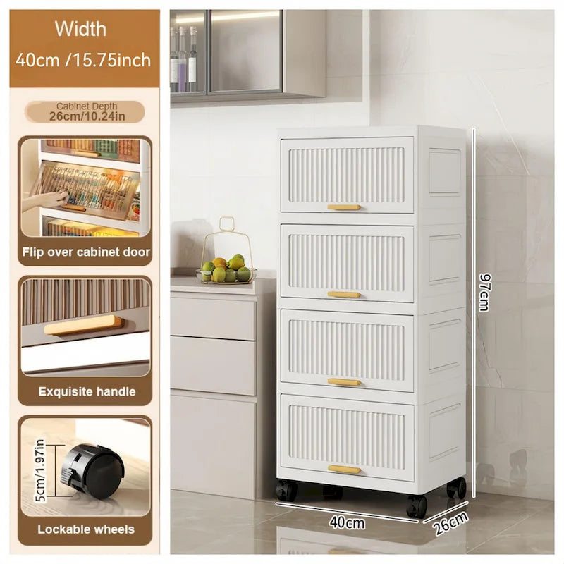 Meuble de cuisine, boîte de rangement à ouverture basculante avec roulettes, meuble de rangement mobile, étagère de cuisine, boîte de rangement mobile - Blanc