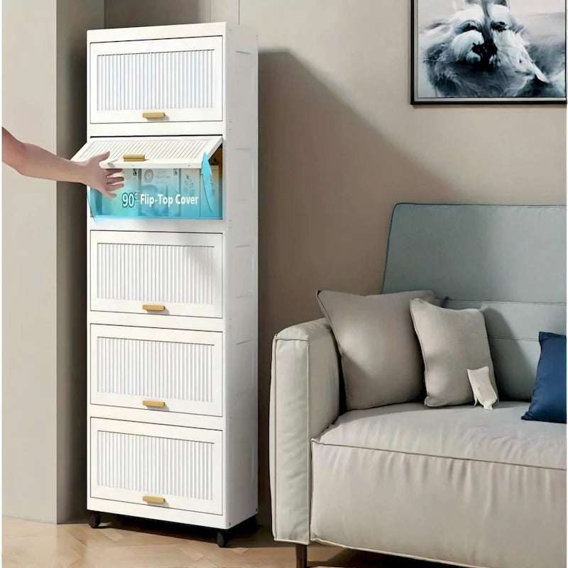 Meuble de cuisine, boîte de rangement à ouverture basculante avec roulettes, meuble de rangement mobile, étagère de cuisine, boîte de rangement mobile - Blanc