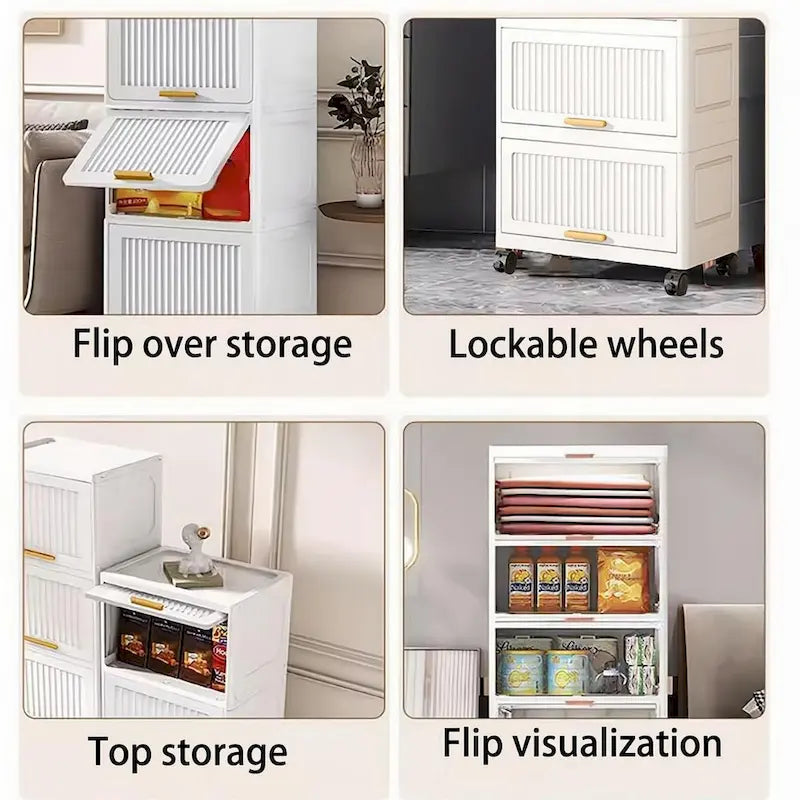 Meuble de cuisine, boîte de rangement à ouverture basculante avec roulettes, meuble de rangement mobile, étagère de cuisine, boîte de rangement mobile - Blanc