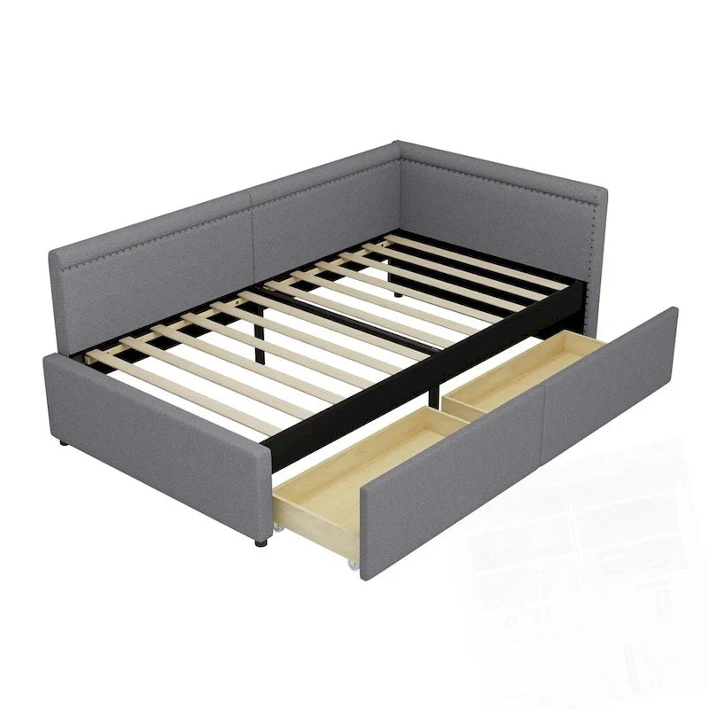 Lit de repos d'angle en forme de L rembourré de taille moderne avec deux tiroirs de rangement