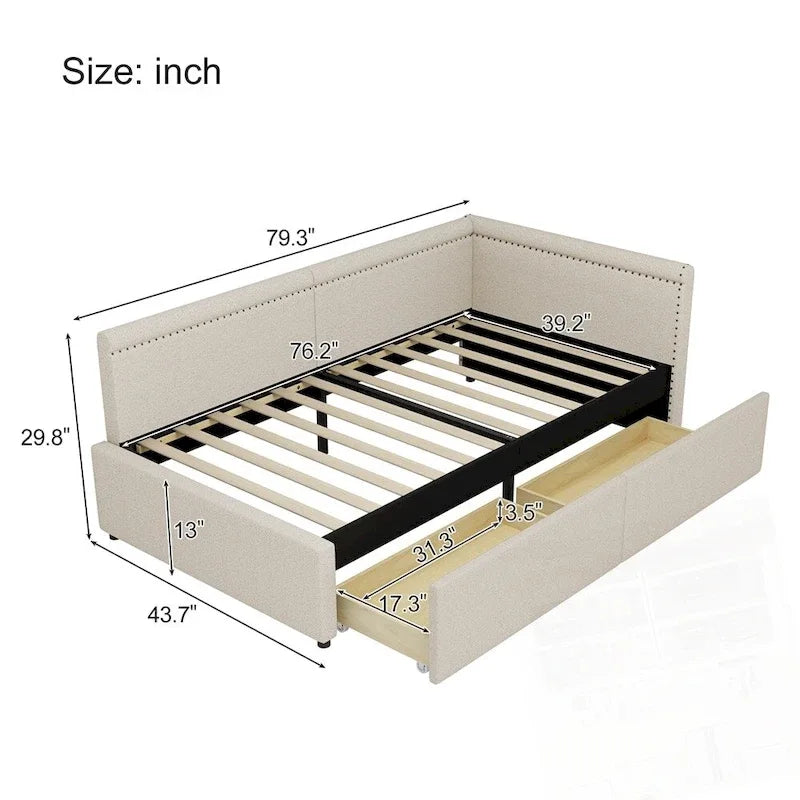 Lit de repos d'angle en forme de L rembourré de taille moderne avec deux tiroirs de rangement