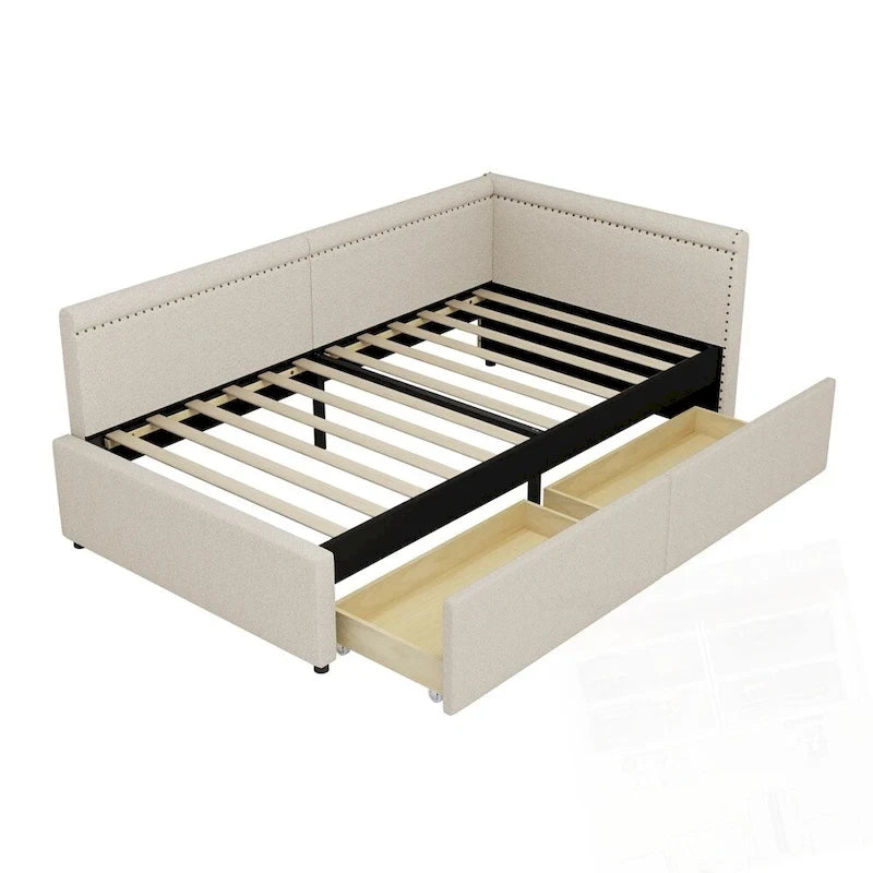 Lit de repos d'angle en forme de L rembourré de taille moderne avec deux tiroirs de rangement