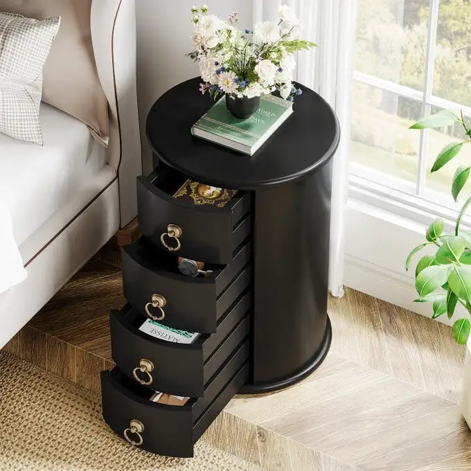 Petite table d'appoint ronde en bois massif, sans montage, avec tiroirs