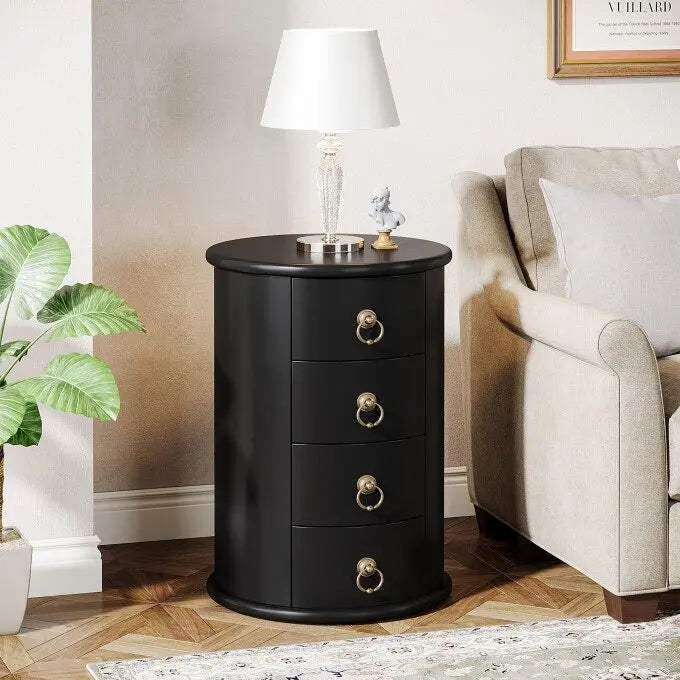 Petite table d'appoint ronde en bois massif, sans montage, avec tiroirs