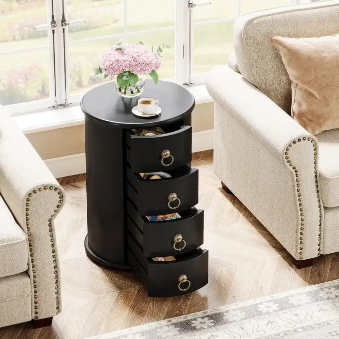 Petite table d'appoint ronde en bois massif, sans montage, avec tiroirs