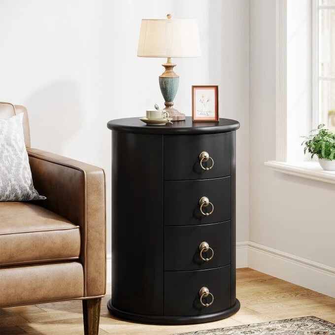Petite table d'appoint ronde en bois massif, sans montage, avec tiroirs