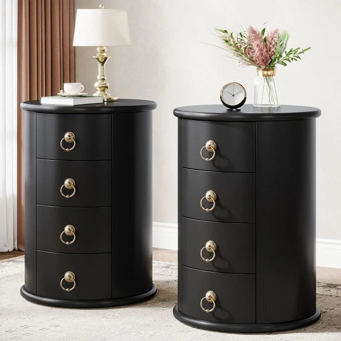 Petite table d'appoint ronde en bois massif, sans montage, avec tiroirs