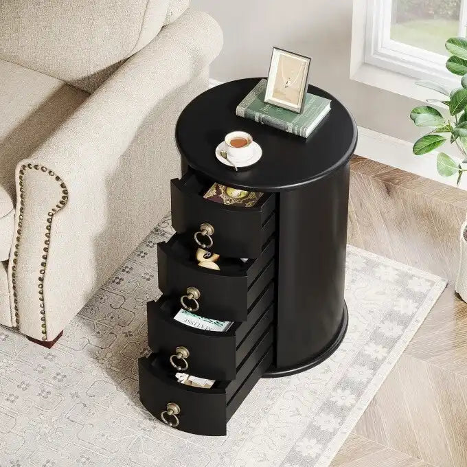 Petite table d'appoint ronde en bois massif, sans montage, avec tiroirs
