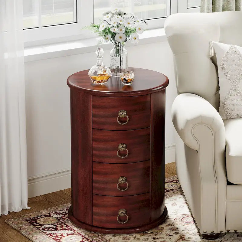 Petite table d'appoint ronde en bois massif, sans montage, avec tiroirs