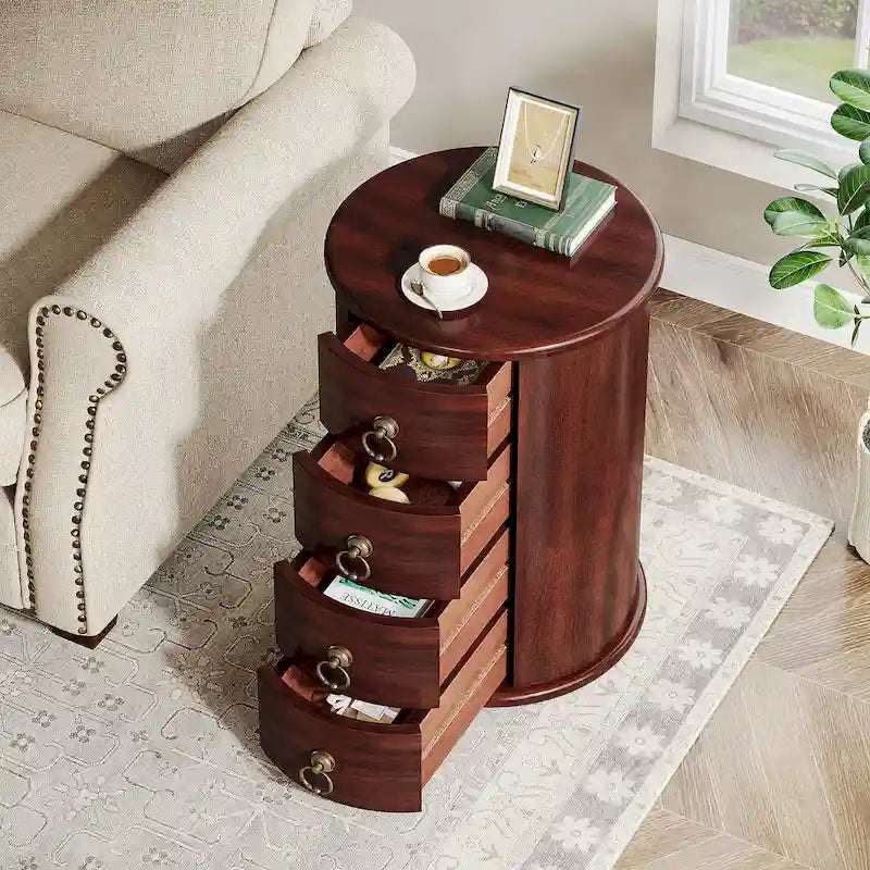 Petite table d'appoint ronde en bois massif, sans montage, avec tiroirs