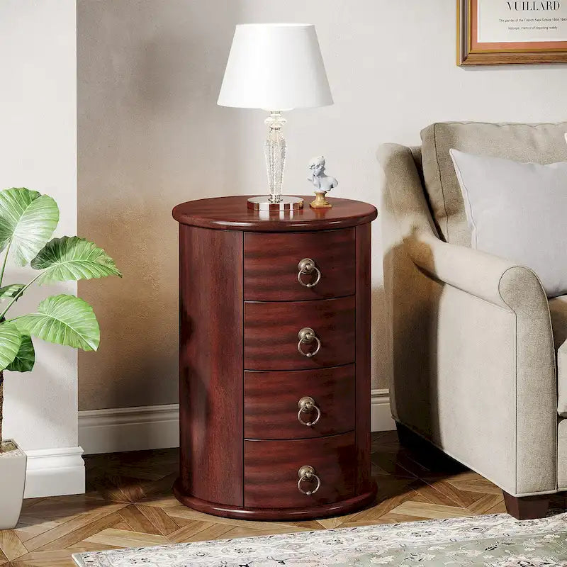 Petite table d'appoint ronde en bois massif, sans montage, avec tiroirs
