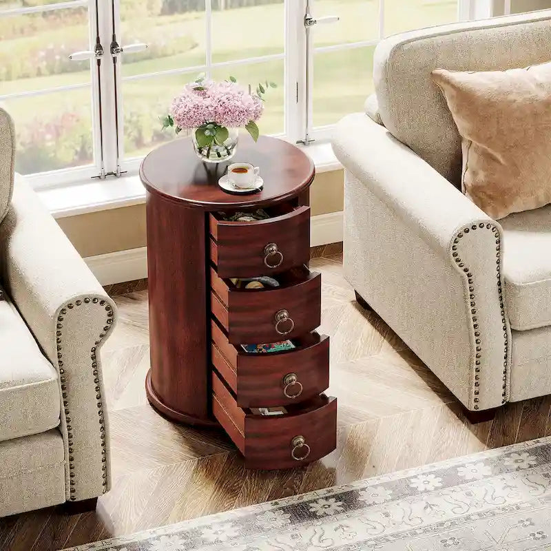 Petite table d'appoint ronde en bois massif, sans montage, avec tiroirs