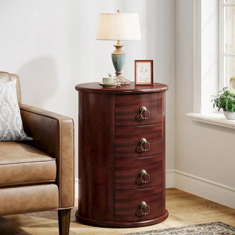 Petite table d'appoint ronde en bois massif, sans montage, avec tiroirs