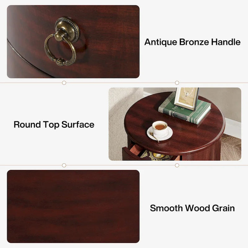 Petite table d'appoint ronde en bois massif, sans montage, avec tiroirs
