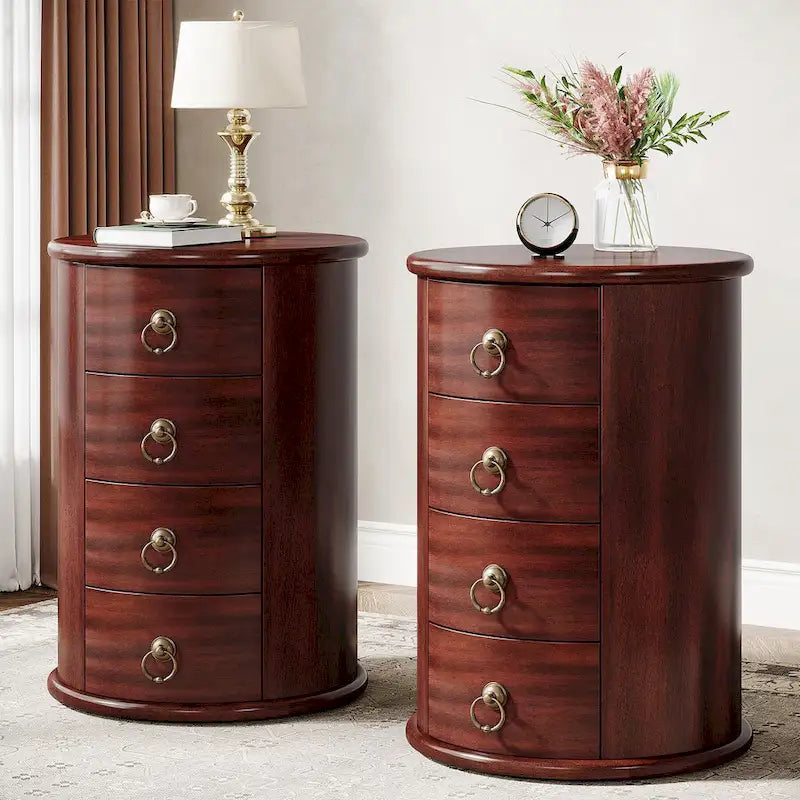 Petite table d'appoint ronde en bois massif, sans montage, avec tiroirs