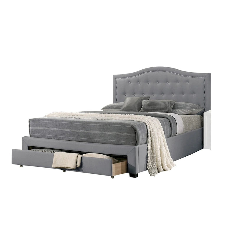 Lit double Sey California avec tiroir de rangement, tissu en toile de jute gris clair