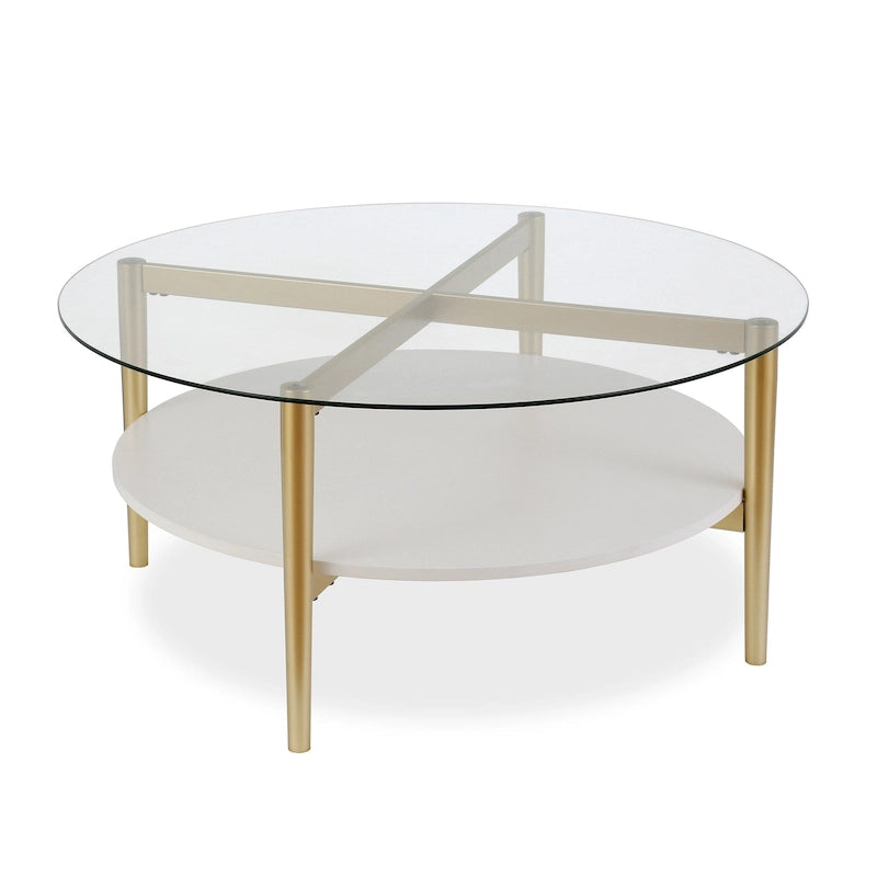 Table basse ronde en verre de 36 pouces avec base en acier doré et étagère de rangement, pièce d'accent moderne pour salon - 36L x 36W x 17H
