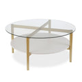 Table basse ronde en verre de 36 pouces avec base en acier doré et étagère de rangement, pièce d'accent moderne pour salon - 36L x 36W x 17H