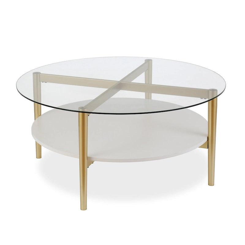 Table basse ronde en verre de 36 pouces avec base en acier doré et étagère de rangement, pièce d'accent moderne pour salon - 36L x 36W x 17H