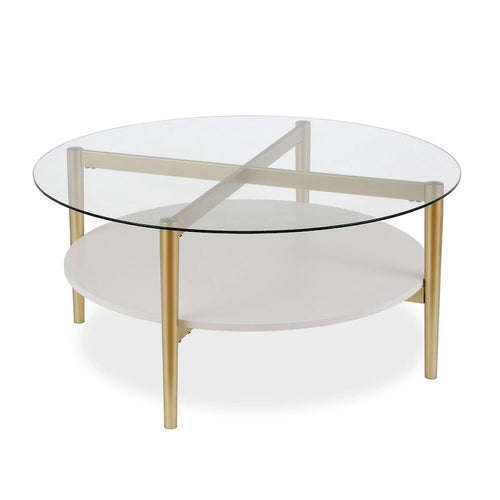 Table basse ronde en verre de 36 pouces avec base en acier doré et étagère de rangement, pièce d'accent moderne pour salon - 36L x 36W x 17H