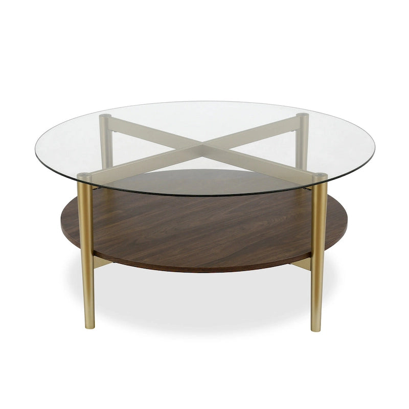 Table basse ronde en verre de 36 pouces avec base en acier doré et étagère de rangement, pièce d'accent moderne pour salon - 36L x 36W x 17H