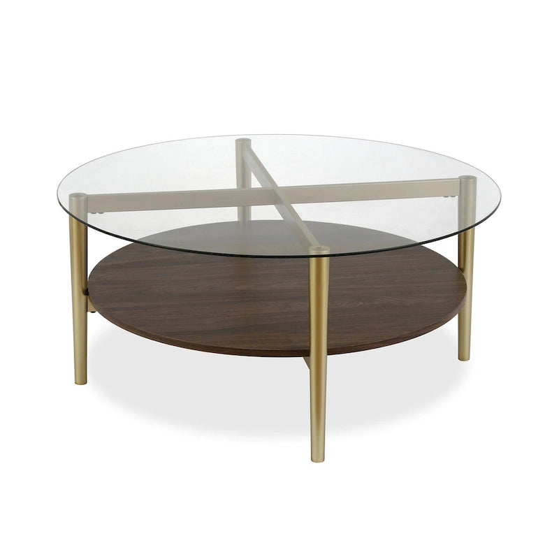 Table basse ronde en verre de 36 pouces avec base en acier doré et étagère de rangement, pièce d'accent moderne pour salon - 36L x 36W x 17H
