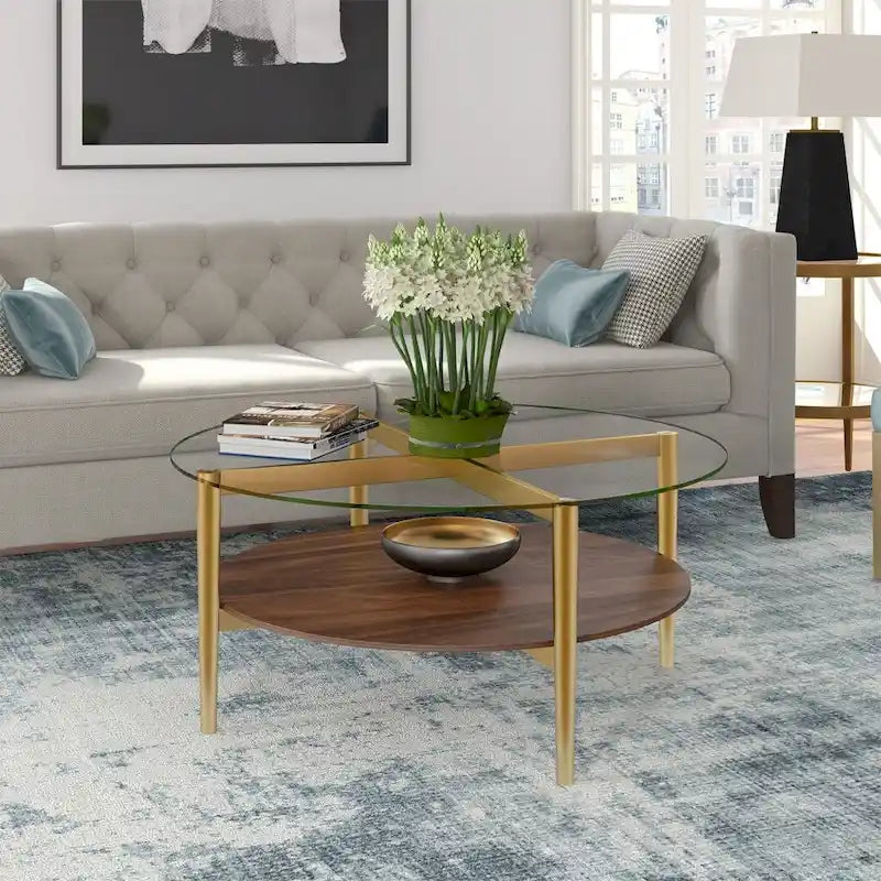 Table basse ronde en verre de 36 pouces avec base en acier doré et étagère de rangement, pièce d'accent moderne pour salon - 36L x 36W x 17H