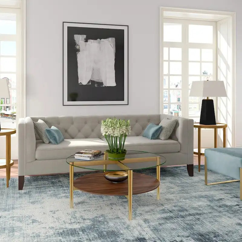 Table basse ronde en verre de 36 pouces avec base en acier doré et étagère de rangement, pièce d'accent moderne pour salon - 36L x 36W x 17H