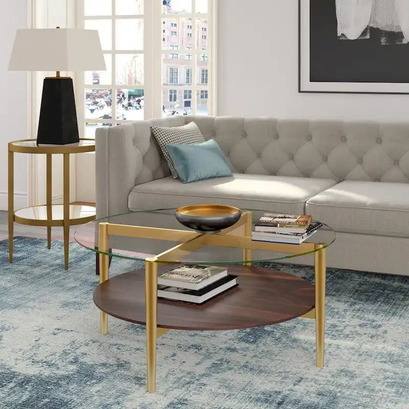 Table basse ronde en verre de 36 pouces avec base en acier doré et étagère de rangement, pièce d'accent moderne pour salon - 36L x 36W x 17H