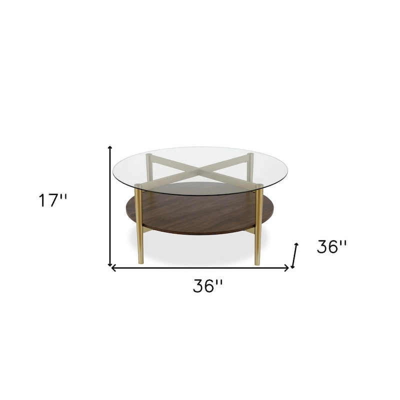 Table basse ronde en verre de 36 pouces avec base en acier doré et étagère de rangement, pièce d'accent moderne pour salon - 36L x 36W x 17H