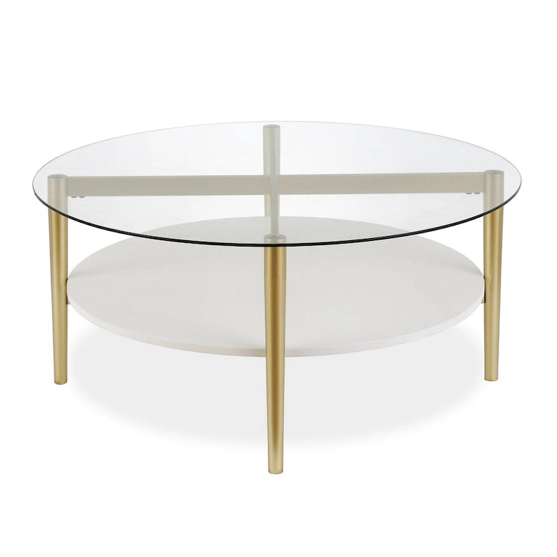 Table basse ronde en verre de 36 pouces avec base en acier doré et étagère de rangement, pièce d'accent moderne pour salon - 36L x 36W x 17H