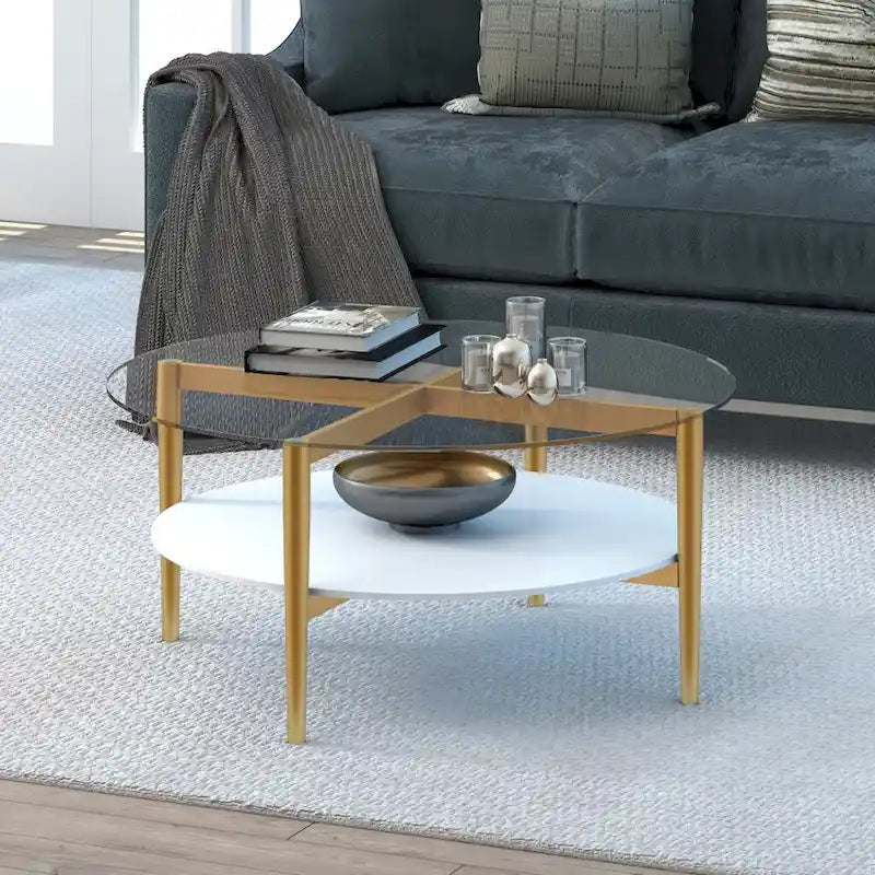 Table basse ronde en verre de 36 pouces avec base en acier doré et étagère de rangement, pièce d'accent moderne pour salon - 36L x 36W x 17H