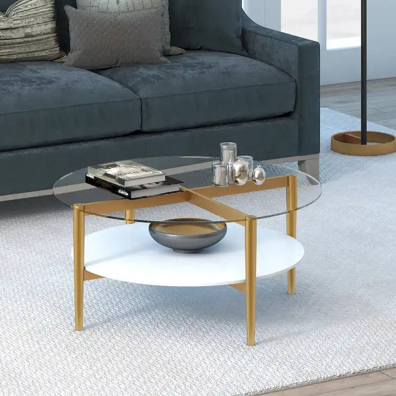 Table basse ronde en verre de 36 pouces avec base en acier doré et étagère de rangement, pièce d'accent moderne pour salon - 36L x 36W x 17H