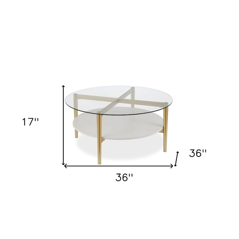 Table basse ronde en verre de 36 pouces avec base en acier doré et étagère de rangement, pièce d'accent moderne pour salon - 36L x 36W x 17H