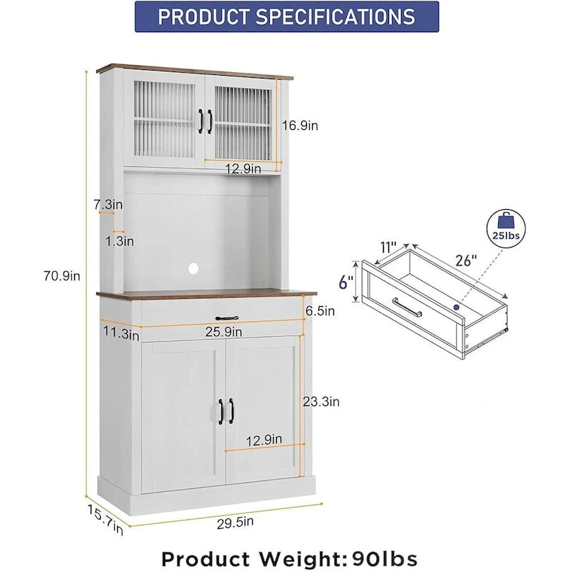 Meuble de rangement de cuisine, armoire de rangement haute de 180 cm avec support pour micro-ondes, buffet autoportant pour la maison