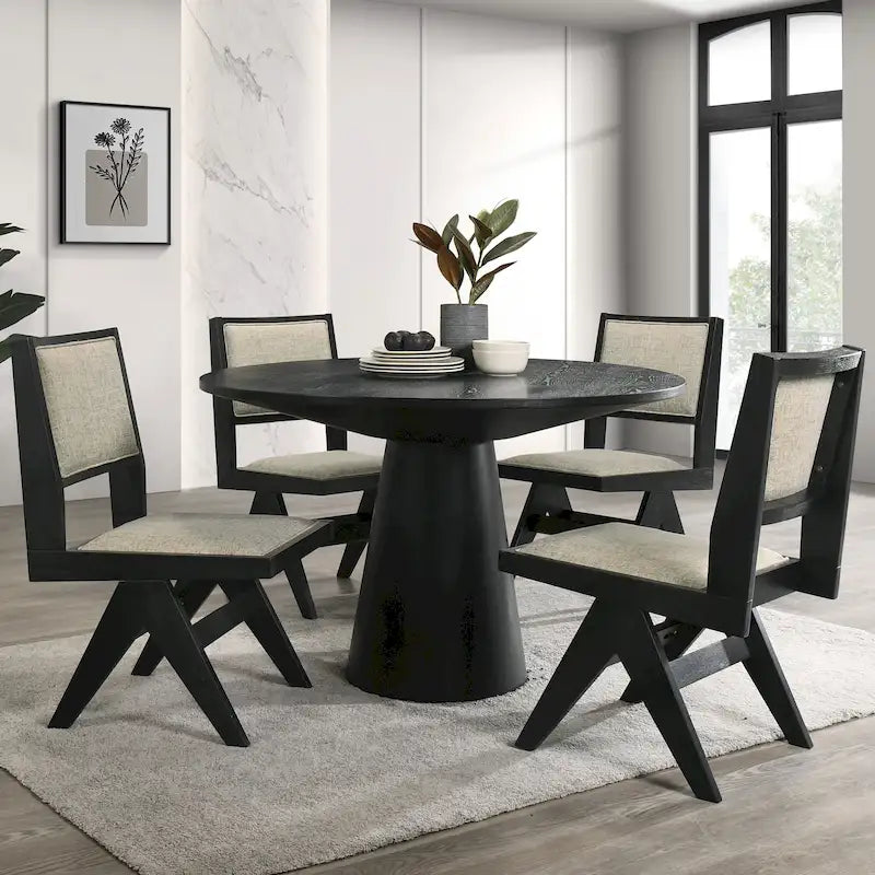 Ensemble de salle à manger rond 5 pièces Evrena Modern en bois massif noir de 122 cm