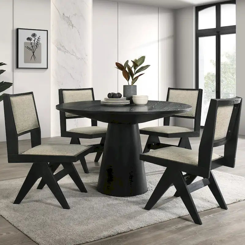  Evrena Modern 5-Piece Black Solid Wood 48-inch Round Dining Set