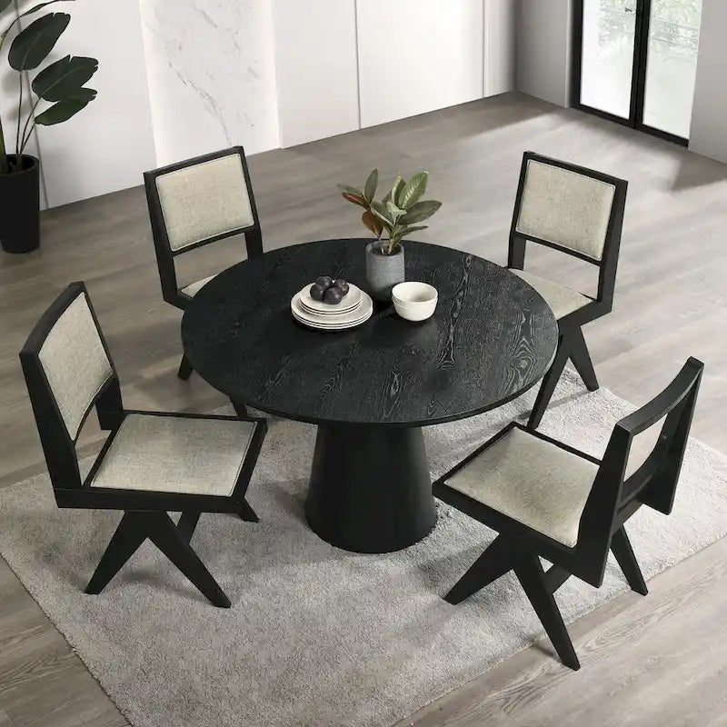 Ensemble de salle à manger rond 5 pièces Evrena Modern en bois massif noir de 122 cm
