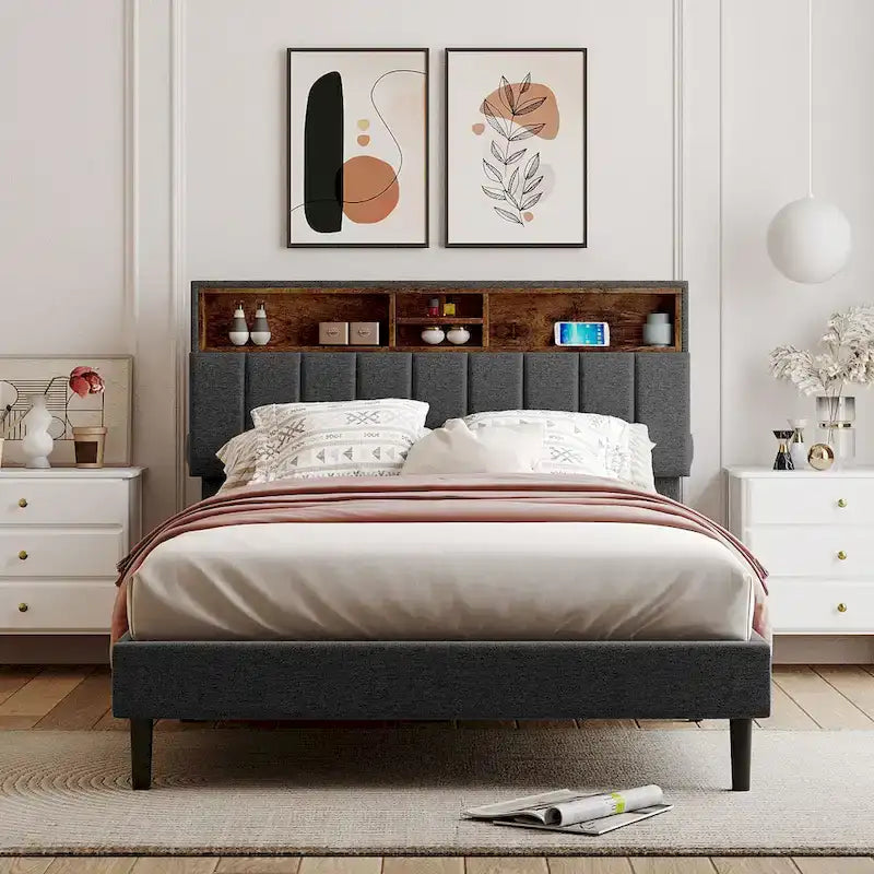 Lit plateforme tapissé pleine grandeur avec tête de lit de rangement et port USB