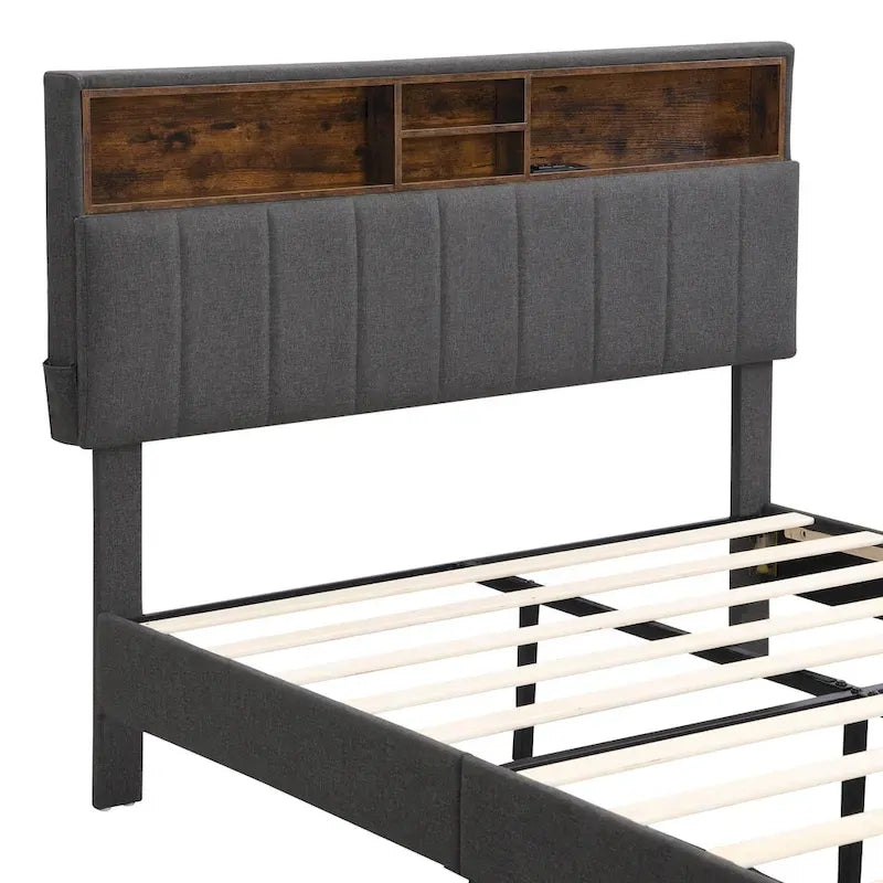 Lit plateforme tapissé pleine grandeur avec tête de lit de rangement et port USB