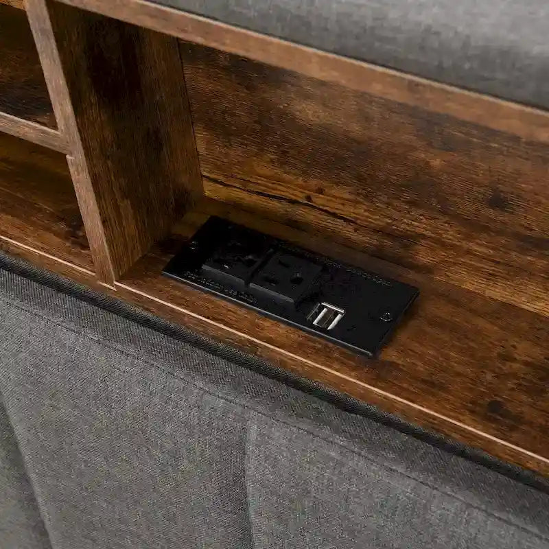 Lit plateforme tapissé pleine grandeur avec tête de lit de rangement et port USB