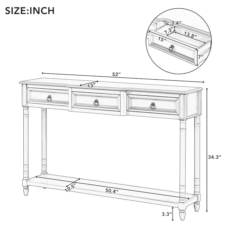 Console de canapé à 3 tiroirs pour entrée - 13,00 x 52,00 x 34,30