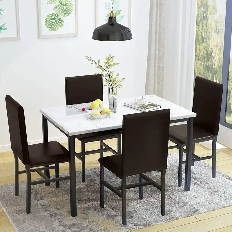 Ensemble table et chaises de salle à manger moderne pour 4 personnes, ensemble de salle à manger en faux marbre avec 4 chaises rembourrées en cuir PU pour salon, cuisine.