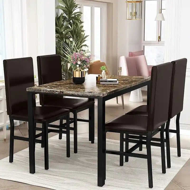 Ensemble table et chaises de salle à manger moderne pour 4 personnes, ensemble de salle à manger en faux marbre avec 4 chaises rembourrées en cuir PU pour salon, cuisine.